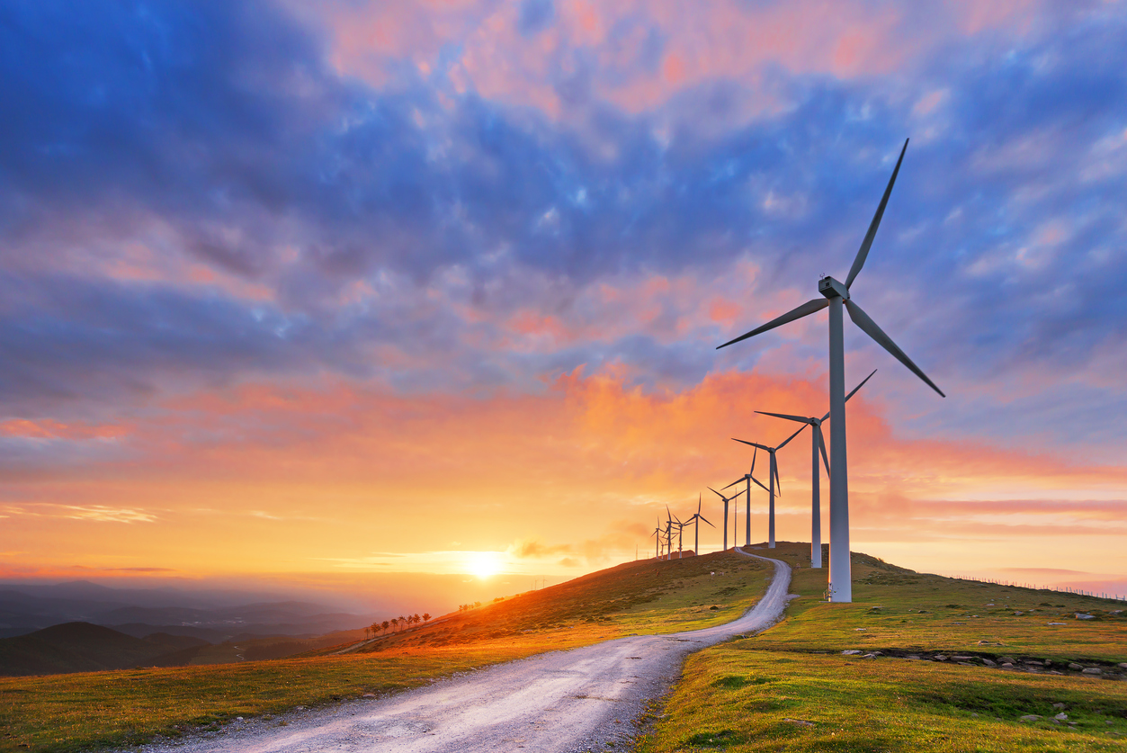 wind turbines are standing next to the field 